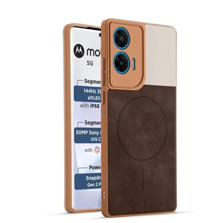 Image of Bintage Mac Safe Design Hard Slim Back Case | Soft Border Camera Protect | Dual PU Leather Finish Back Cover Compatible for Motorola G45 5G - White & Cherry Brown