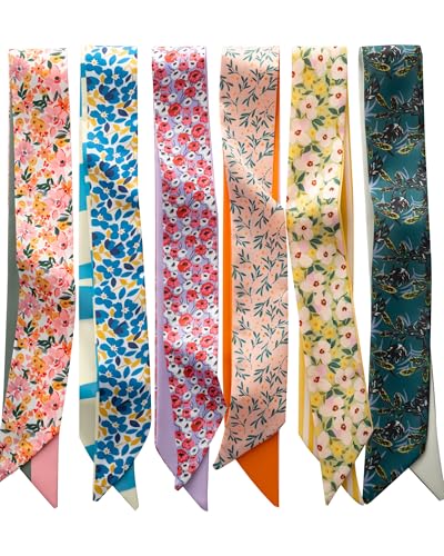 ZXZH 6 Pack Fashion Scarves for Women Versatile Boho Head Scarf Satin Scarf for Hair Neck Wrist and Purse Accessories (Botanical Mix-B)