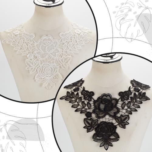 AHANDMAKER 2Pcs Vintage Floral Lace Neckline Collar Patches, Black & White Rose Lace Applique Patches - Image 3