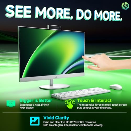 Image of HP All in One Desktop Computer 27 Inch, AMD Ryzen 5 7520U, AMD Radeon Graphics, 16GB DDR5, 2TB SSD, FHD (1920 x 1080) Anti-glare Touchscreen, Wi-Fi 6, Windows 11 Pro, Headphone and Mouse Accessory Kit