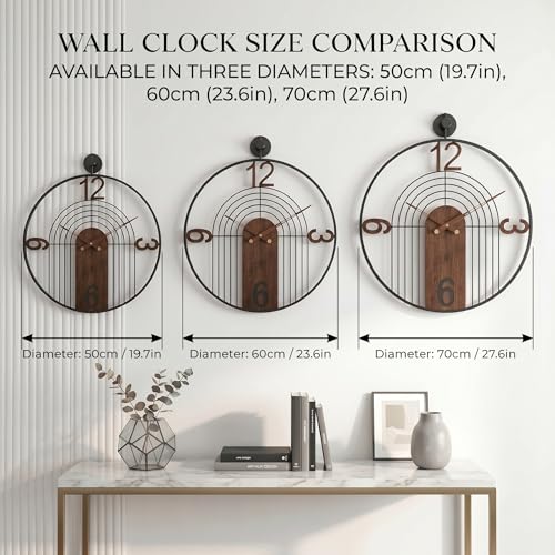 Image of Large Modern Walnut Dial Wall Clock, Wood Metal Frame Silent Non Ticking Decoration Wall Clocks for Living Room, Bedroom, Kitchen, Study, Handmade Home Decor Gift Idea, 26.4 Inch