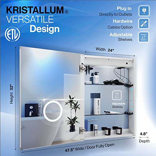 Kristallum Bathroom Mirror Cabinet - 24X32 Left Door - Led Medicine Cabinet With Lights W/Wireless Switch + Anti Fog/Waterproof/Dimmable/ 3 Colors Warm/Natural/White Cri >90, Etl Certified #TOP5