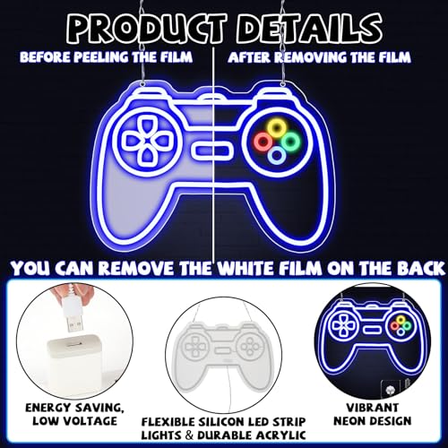 Image of Gamer Neon Sign for Teen Boys Girls Gift Blue Gamepad Shaped LED Light Hangings Cool Gaming Light up Sign Decoration USB Powered for Game Stuff Room Accessories Bedroom Wall Decor Supplies