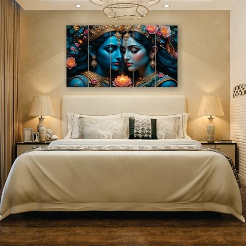Image of RAVLEX Radha Krishna Wall Painting for Living Room, Wooden Framed UV Printed Wall Art for Bedroom, Office, Hotel, Drawing Room and Home Decor, 5 Panel Painting, 24 x 48 Inch