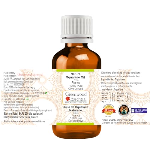 Image of Greenwood Essential Natural Squalane Oil (derived from Olives) | Infused | Pure | Non-Sticky | Lightweight | For Skin & Hair | Natural | For Men & Women | All Skin Types | 50ml