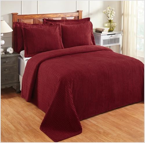 Better Trends Chenille Bedspreads King Size, Burgundy 100% Cotton Chenille Stripe Design Tufted...