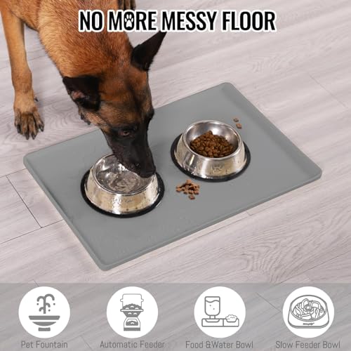 MateeyLife Dog & Cat Food Mat for Floors Waterproof, Nonslip Dog Bowl Mats for Food and Water, Dog Feeding Mats with Raised Edges, Silicone Dog Water Matt Tray for Messy Drinkers, 18\"x12\", Grey - Thumbnail 4
