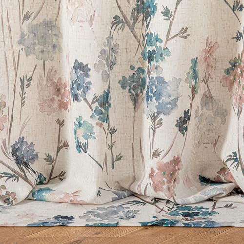 Image of MYSKY HOME Floor to Ceiling Linen Floral Curtains 108 Inch Length 2 Panels Semi Sheer Light Filtering Farmhouse Flower Print Patterned Window Grommet Curtains for Dining Room, 52 inch W Each Panel, Brown