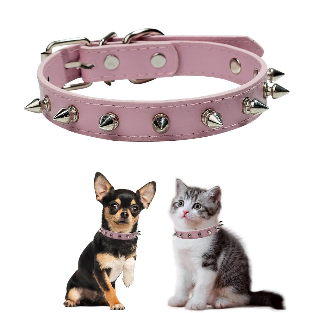 Pink Cat Collar, Studded Spike Anti-Bite Rivet Protective Pet Neck Pu Leather Mushrooms Puppy Collars for Xs Small Medium Large Boy Dogs Male Cats,