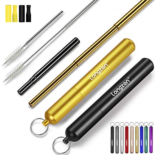 longzon Paille INOX, [2P] pailles reutilisables, télescopique Pliant de Fer Paille Acier Metal Biodegradable, télescopique Brosse+Paquet de Tubes Portable Trousseau-Noir+Champagne