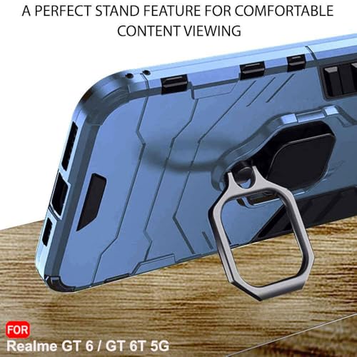 Image of TheGiftKart Tough Armor Bumper Back Case Cover for Realme GT 6 / GT 6T 5G | Ring Holder & Kickstand in-Built | 360 Degree Protection Back Case Cover for Realme GT 6 / GT 6T 5G (PC & TPU, Blue)