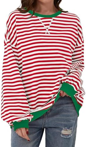 DUOEASE Pullover Damen Streifen Oversize Pullover Langarm Herbst Rundhals Sweatshirt Y2K Oberteile