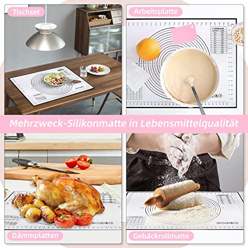 Silikon Backmatte Backunterlage Groß 70 x 50 cm Antihaft Teigmatte Ausrollmatte mit Messung Wiederverwendbar Backen Zubehör mit 3 Stück Teigschaber für Teig, Fondant, Macarons, Kekse, Pizza