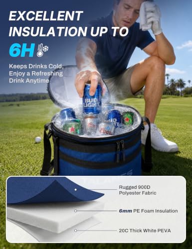 Image of 14-Can Insulated Golf Cart Cooler Bag Keeps Beverages Cold | Large Golf Cooler Sleeve with Adjustable Shoulder Strap & Collapsible Design, Ideal Gift for Golfers