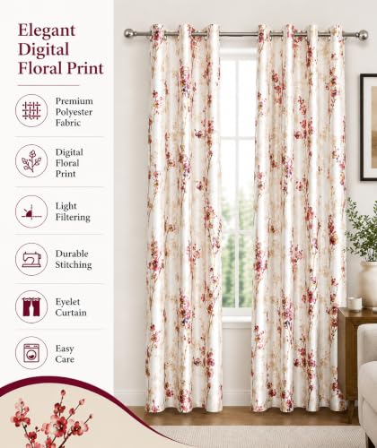 Image of 6 Feet Polyester Floral Light Filtering Window Curtains for Bedroom, Living Room & Hall, Eyelet Top, Orange Print Curtain Set of 2