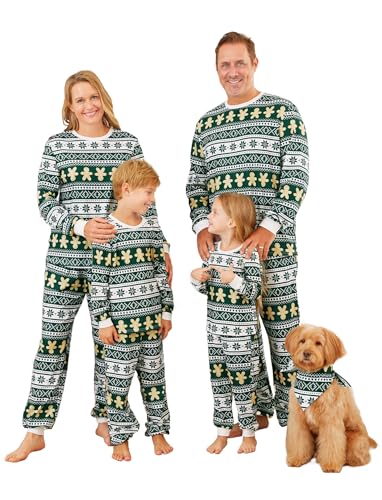 PATPAT Family Matching Christmas Dog Bandanas: Green Fair Isle and Gingerbread Patterned PJS for...