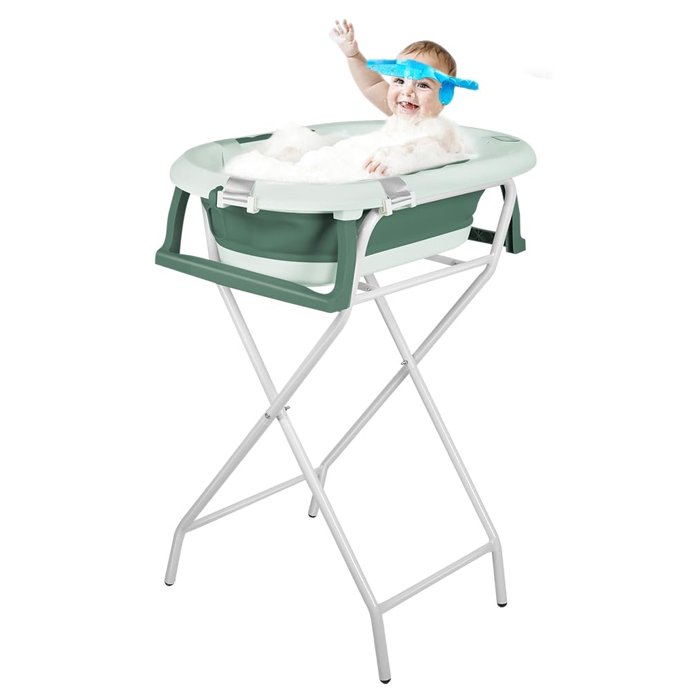 Bañera para bebés con soporte ergonómico para bebés con soporte de cierre compacto, organizador para padres, hasta 10 kg, Style 5, 81,5 x 48 x 21 cm, verde