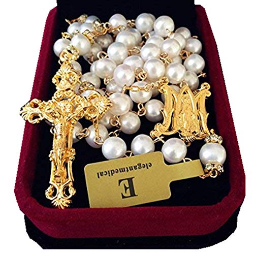 elegantmedical HANDMADE CATHOLIC GLOD 8MM REAL PEARL PEARL BEADS NECKLACE 5 DECADE ROSARY & CROSS CRUCIFIX BOX - Image 3