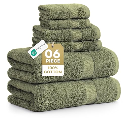 LANE LINEN Luxury Cotton Bath Towel Pack of 6 - Softer Highly Absorbent & Durable - 2 Bath 2 Wash cloths 2 Hand Towels for Bathroom - Premium Look Spa Quality Solid Dyed Towels - Oil Green