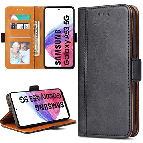 ROJIOJIO Handyhülle für Samsung A53 5G Hülle, Premium Leder Klapphülle Handytasche, lederhülle Schutzhülle mit [Standfunktion] [Kartenfächern] für Samsung Galaxy A53 5G, Schwarz Cover