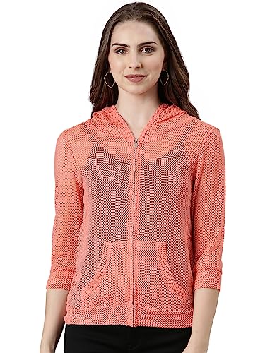 Image of SHOWOFFFF Women Solid Front-Open Jacket | Hooded Full Sleeves Net Jacket's for Womens | Coral Regular Fit Regular Length Jackets for Women's