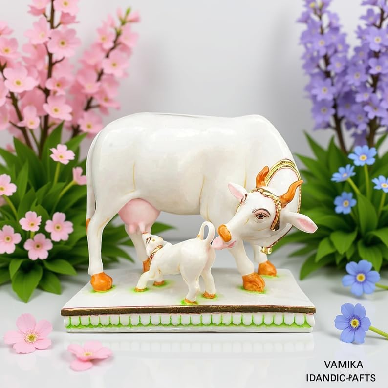 Image of Kamdhenu Cow Statue Cultured Marble Hand Painted Kamadhenu Cow and Calf Figure Animal Figurine House Warming Gift (16L x 8.2W x 15.5H Centimeters)