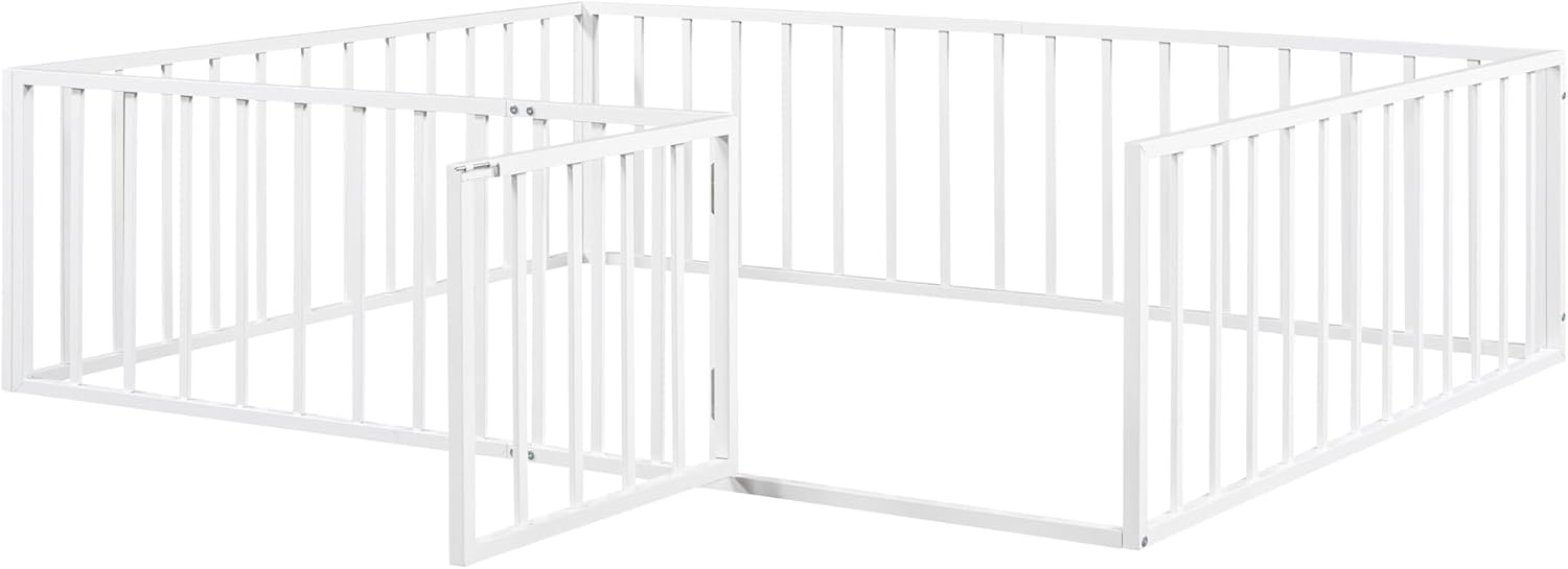 LLS Queen Floor Bed for Kids Metal Montessori Bed Frame with Door & Safety Guardrails Multifunctional Montessori Floor Bed, No Weight Limit, Easy Assemble,White