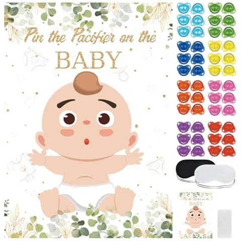 SietDESEO Pin The Pacifier on The Baby Game with 48 Pcs Pacifier Stickers Large Eucalyptus Baby Poster Games for Kids Birthday Baby Shower Party Supplies Pin The Pacifier Game Cover