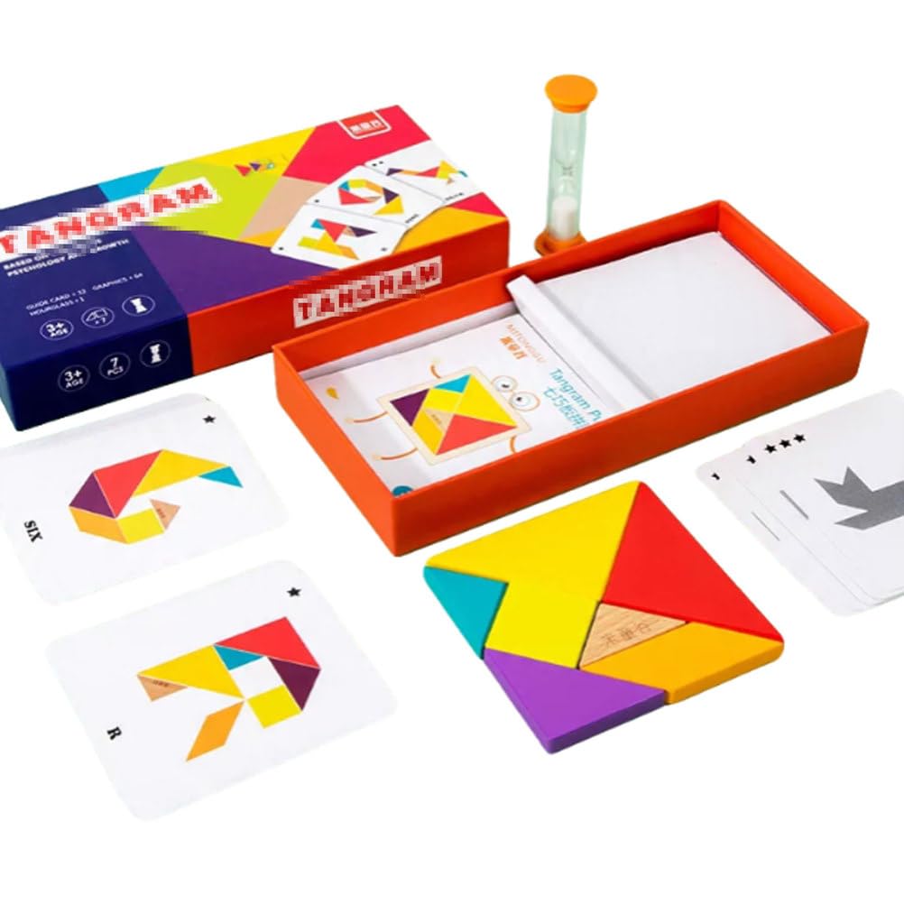 Juego de Rompecabezas Tangram de Madera Montessori | Bloques Patrón Cerebral con Tarjetas de Desafío y Reloj de Arena, Juguete Educativo STEM para Clasificación Formas