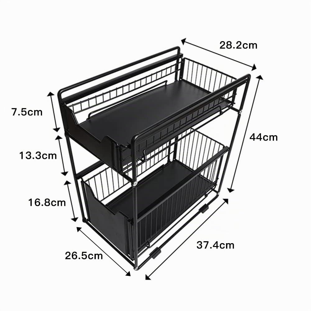 Huole - Organizador de cocina, estante bajo fregadero, portaespecias, cesta de almacenamiento deslizante de metal, para cocina, cuarto de baño, dormitorio (negro-1 unidad)