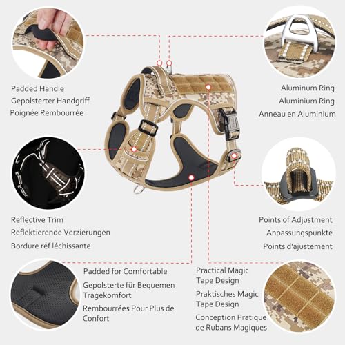 HEELE Hundegeschirr, Metall Taktisches Geschirr, Taktische Hundeweste, Service Hundegeschirr, MOLLE Sicherheitsgeschirr, Brustgeschirre für Hunde, Laufgeschirre für Hunde, Camouflage Braun, M