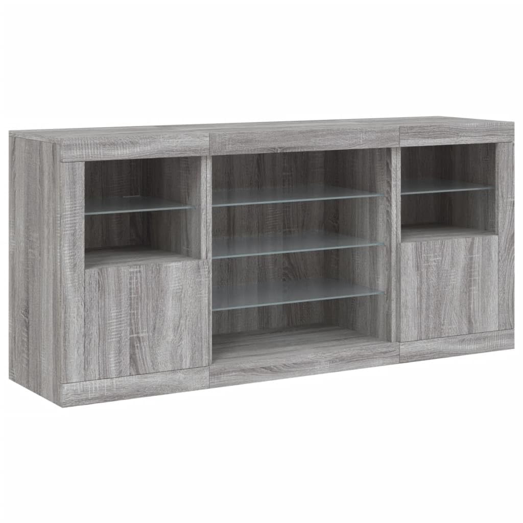 3209091 Credenza con Luci LED Grigio Sonoma 142,5x37x67 cm Credenza Moderna a Anta con Luci LED e Mensole in Vetro,Mobile Multiuso in Legno con Finitura Lucida
