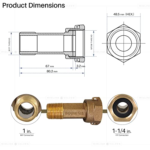 Image of Midline Valve XND1011-OM Brass Water Meter Coupling Adapter Pipe Fitting; with Nut and Gasket; 1'' MIP x 1-1 /4'' FIP