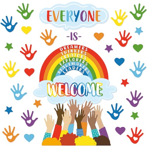 Bright Welcome Bulletin Board Set Colorful Classroom Decoration Back to School Positive Motivational Rainbow Hand Themed Paper Cutouts for School Nursery Chalkboard Wall Door Decor Party Supplies