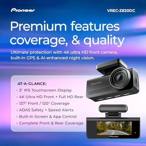 Image of Pioneer VREC-Z820DC Dual Dash Cam Front and Rear Car Camera - Premium 4K Camera, AI-ISP Starvis Night Vision, 139 Degree Wide Lens, ADAS Safety Alerts, Built in GPS, Impact Detection, 24 /7 Coverage