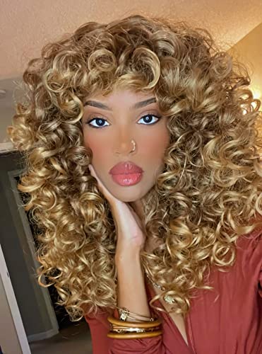 Annivia-X Long Curly Wigs For Black Women Ombre Blonde Curly Wig With Bangs Loose Cute Golden Curly Hair cover