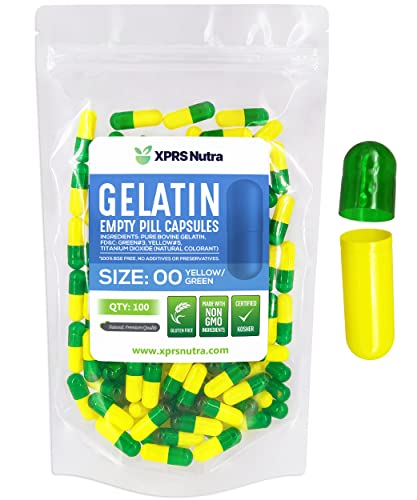 Image of XPRS Nutra Size 00 Empty Capsules - 100 Count Empty Gelatin Capsules - Pills DIY Capsule Filling - Fillable Pill Gel Caps for Do-It-Yourself Supplements (Green /Yellow)