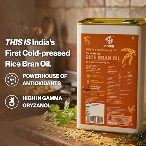 Image of Zama Organic Cold Pressed Rice Bran Oil 5L | Wood Pressed (Kacchi Ghani /Chekku) Cooking Oil | Oryzanol & Omega 6 Rich | High Smoke Point for Deep Frying & Stir Fry | Natural, Unrefined & Chemical Free