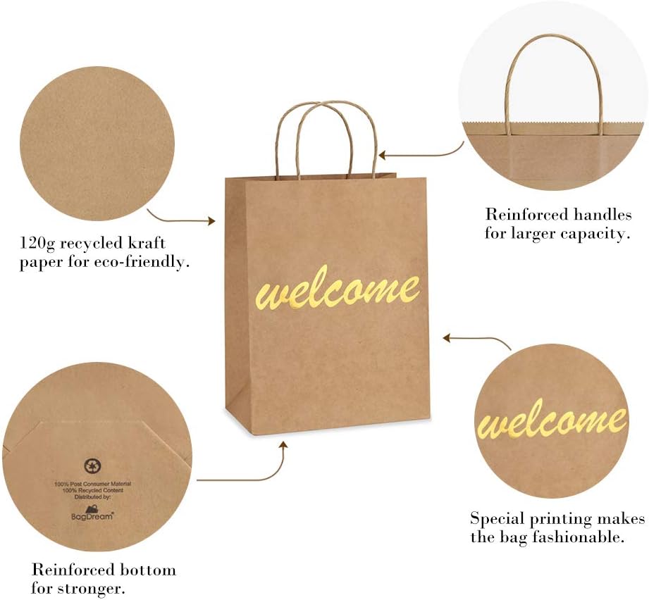 BagDream Medium Gift Bags with Handles 8x4.25x10.5 Inch Brown 25 Pack image 3