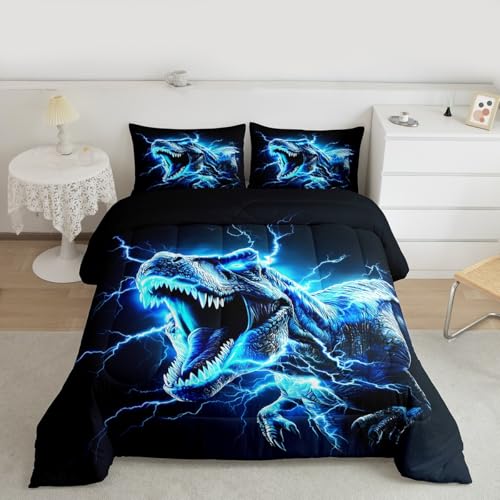 Image of Dinosaur Bedding Set Full Size Kids 3D Dino Print Comforter Set for Boys Girls Teens Jungle Dino Duvet Quilt Breathable Soft Microfiber Lightning Blue Room Decor Wild Animal
