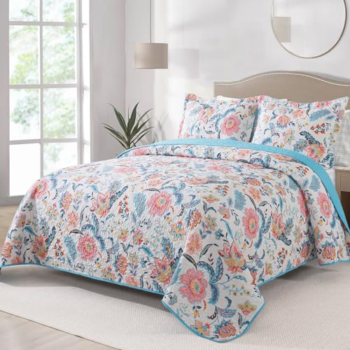 BEDIFANY Garden Cotton Filling Queen Size Quilt Set - Lightweight Bedspreads Queen Size (90 x 98 inch) with Colorful Floral Pattern - Farmhouse Queen Quilt Bedding Sets for Bed Coverlet, 3 Pieces
