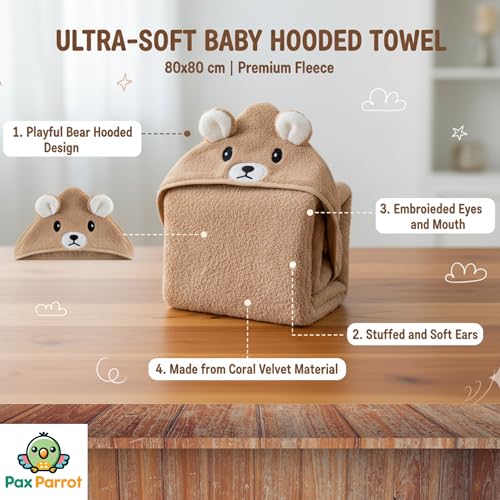 Image of Ultra-Soft Baby Hooded Towel - Coral Velvet Wrap Your Little One in Softness and Joy, Hypoallergenic & Super Absorbent Bath Wrap for Newborns & Toddlers | Cute Animal Design (0-5 Years)(Brown)