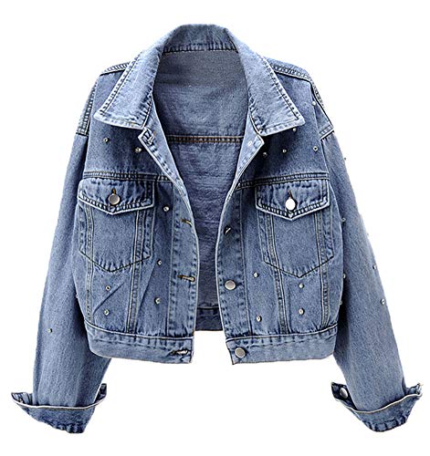 KEDERA Women Basic Denim Jacket Embroidered Beading Crop Jeans Coat