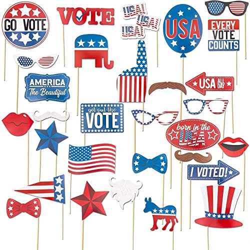 Sparkle and Bash Vote Props Photo Booth Kit - 30 Pieces Red & White - American Flag & Political Photo Booth Props for Election & Voting Decor