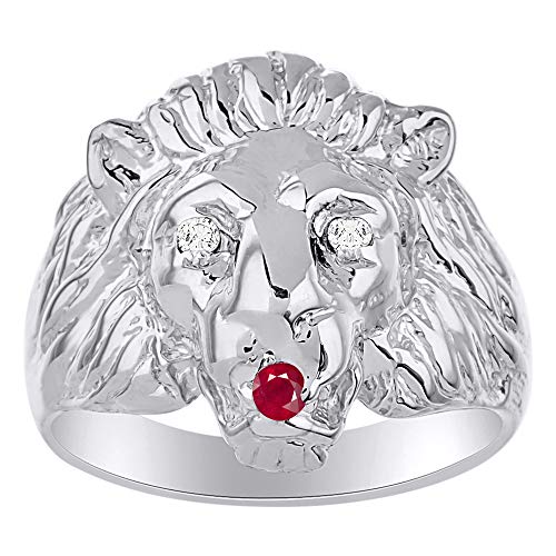 Bague lion or blanc diamant naturel véritable rubis rouge