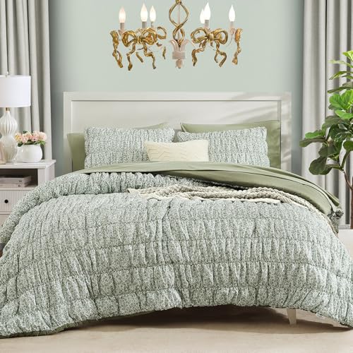 Twin XL Size Comforter Sets-5 Pieces Puff Sage Green Floral Bedding Set for All Seasons, Shabby Chic Farmhouse Bed in a Bag Twin XL with Floral Comforter, Sheets, Pillowcases & Shams