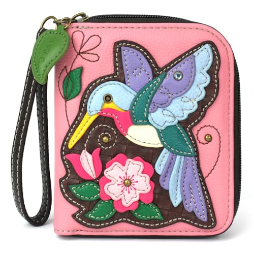 CHALA Zip Around Wallet, Wristlet, 8 Credit Card Slots, Sturdy Pu Leather - Hummingbird A - pink