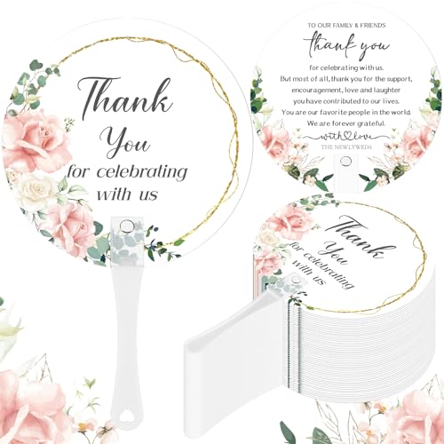CroBlissful 100 Pcs Wedding Hand Fans for Guests Bulk Decorative Plastic Handheld Wedding Favor Fans with Handle Thank You for Celebrating with Us for Ceremony Bridal Shower Party Decor(Flower)
