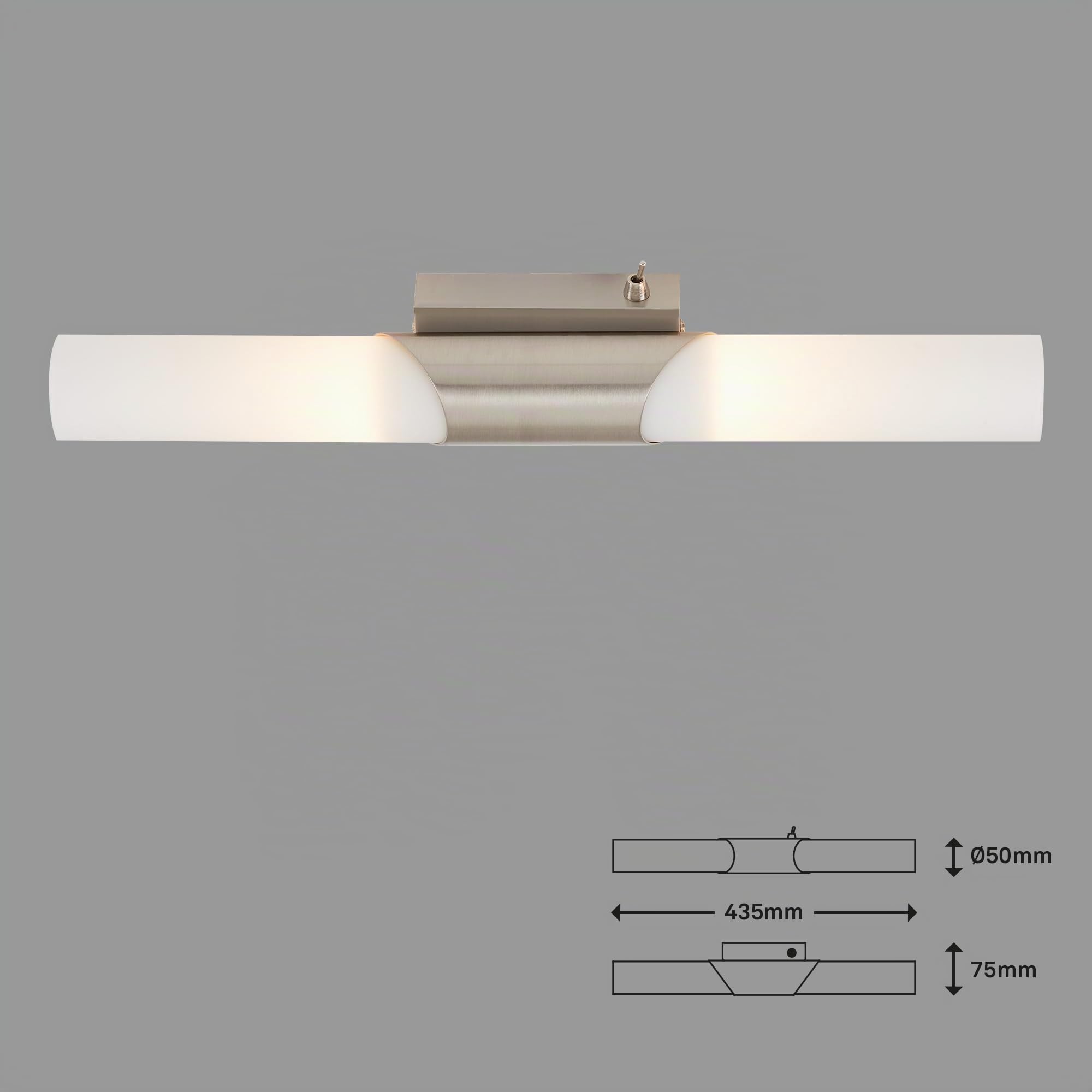 Briloner Leuchten 2125-022 Spiegelleuchte Wand, Spiegellampe mit Schalter, Halogen max. 40W, E14, Länge: 43.5 cm, Farbe: nickel-matt, weißes Milch-Glas (Durchmesser: 5 cm)