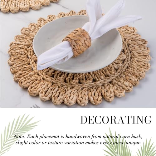 Image of Laquedecraft 13.8 inch Set of 8 Round Corn Husk Placemats | Boho Woven Rattan Table Mats | Farmhouse Wicker Spring Plate Chargers Like Water Hyacinth, Seagrass for Wedding, Party, Christmas, Events